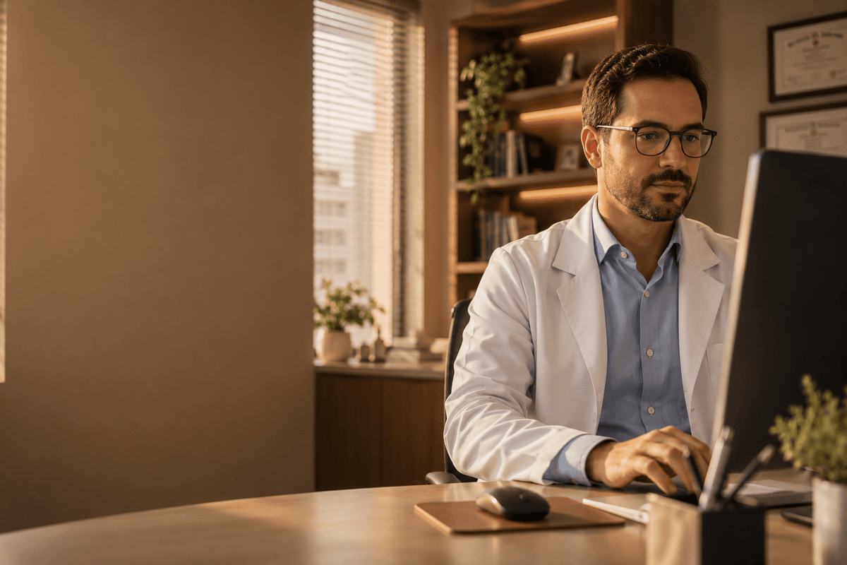 Médico tranquilo em consultório organizado