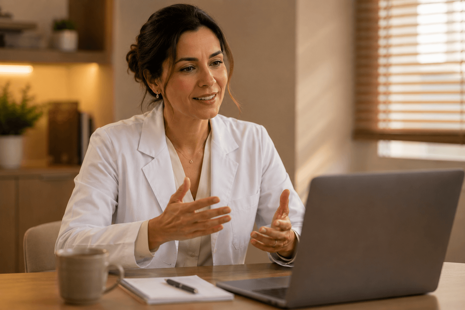 Médica em atendimento por vídeo no consultório