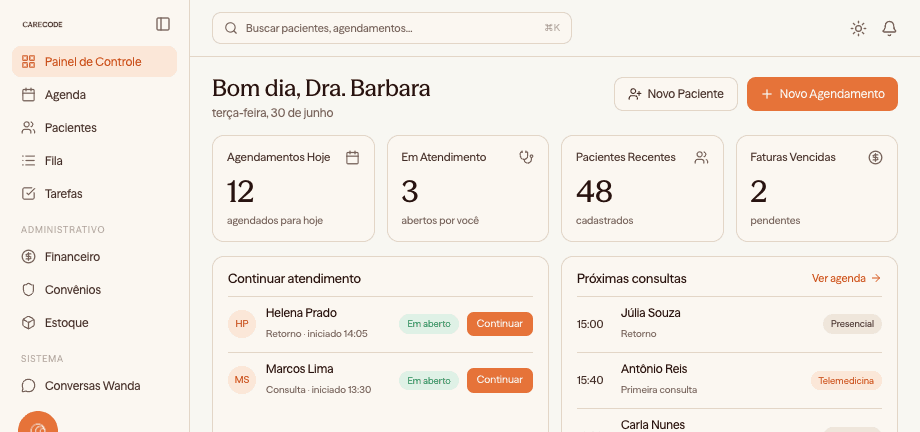 Painel da Carecode com prontuário, agenda e financeiro