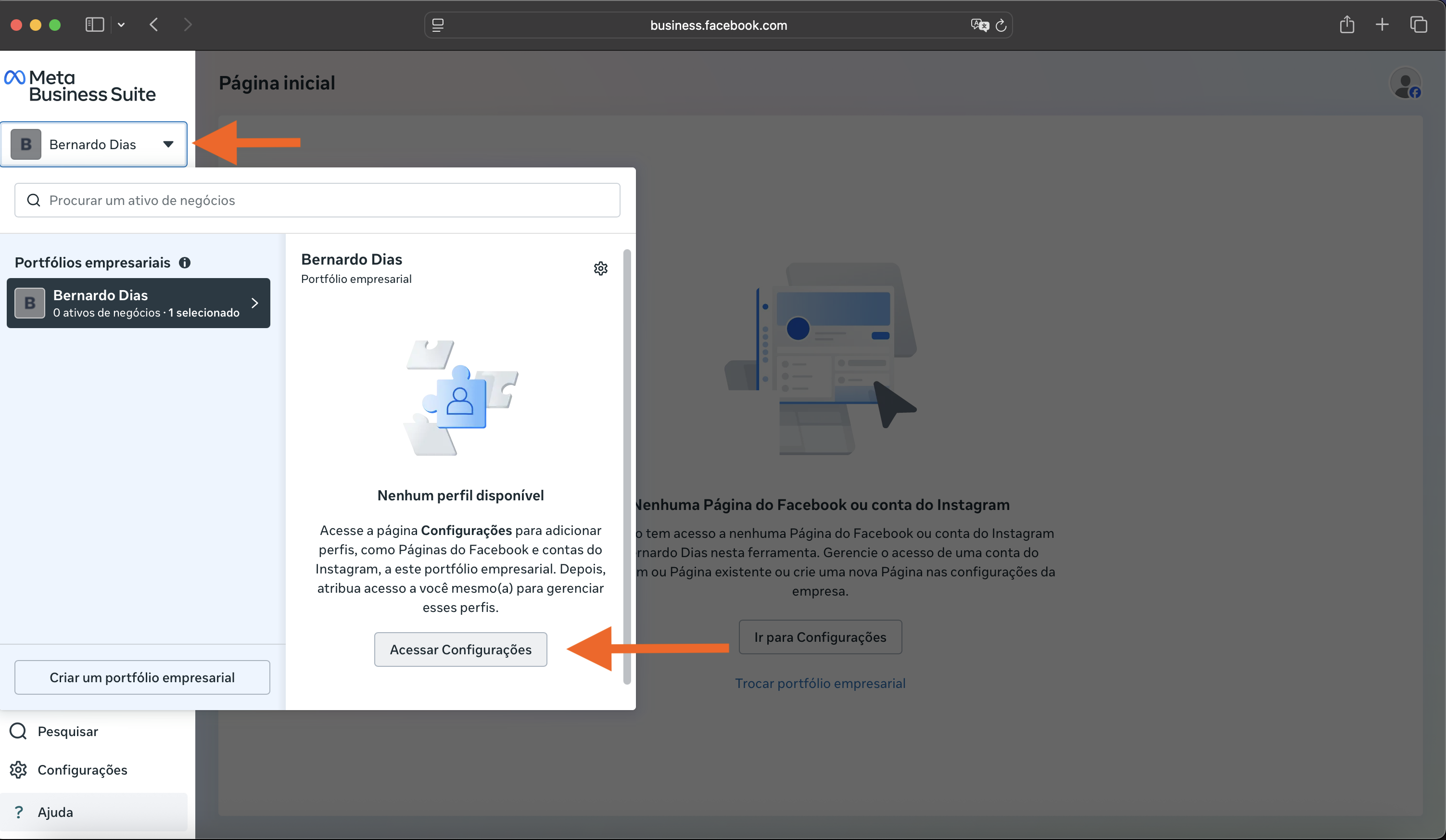 Selecionar portfólio no Business Manager